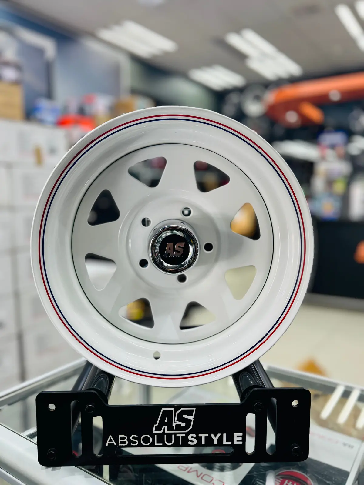 14” A-Line 8 Spoke White Red/ Blue Stripe 5/114 For 7 Seaters 1