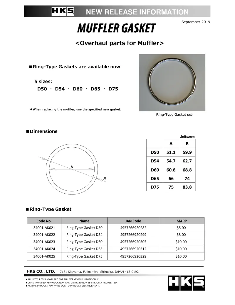 Hks Muffler Gasket 51.1Mm Id 59.9Mm Od 1