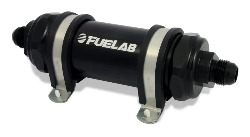 Fuelab 858 Inline Stainless Steel Fuel Filter – 8An Inlet / 10An Outlet, 40-Micron, Integrated Check Valve, Matte Black 1