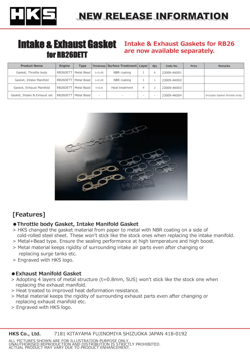 Hks Nissan Rb26dett Intake & Exhaust Gaskets 1