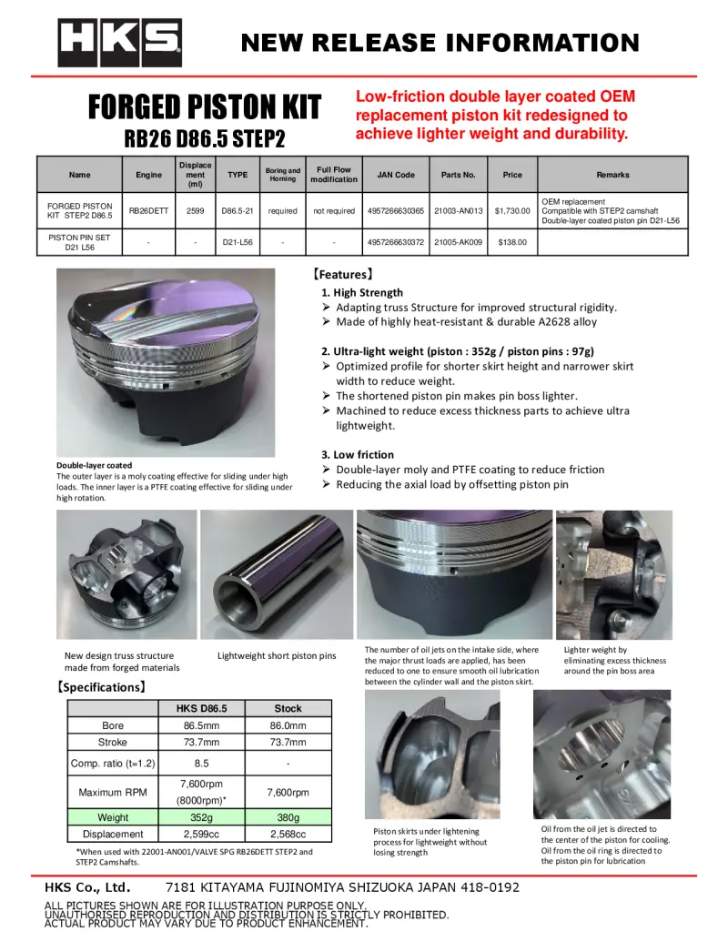 Hks Lightweight Short Piston Pin Set D21 L56 1