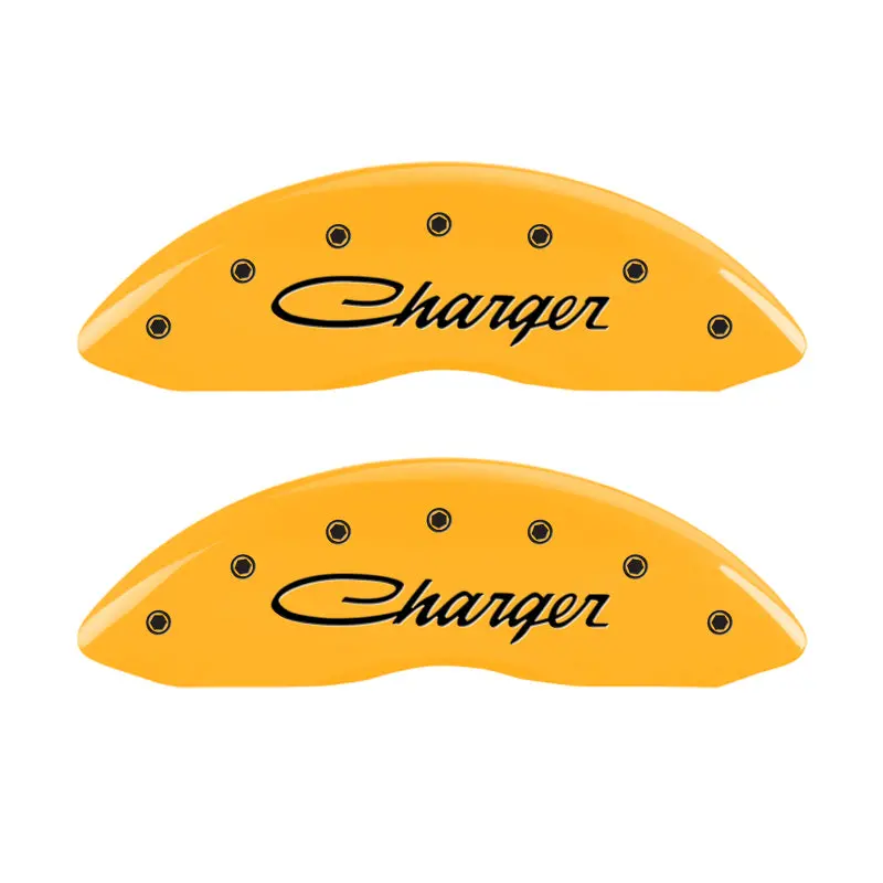 Mgp Engraved 4-Piston Caliper Covers – Front & Rear, Charger Yellow On Black Finish 1