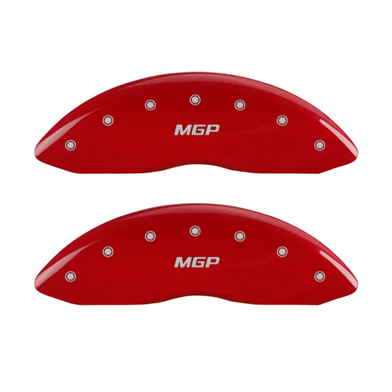Mgp Engraved 4-Piston Caliper Covers – Front & Rear, Red Finish With Silver Chrome Accents 1