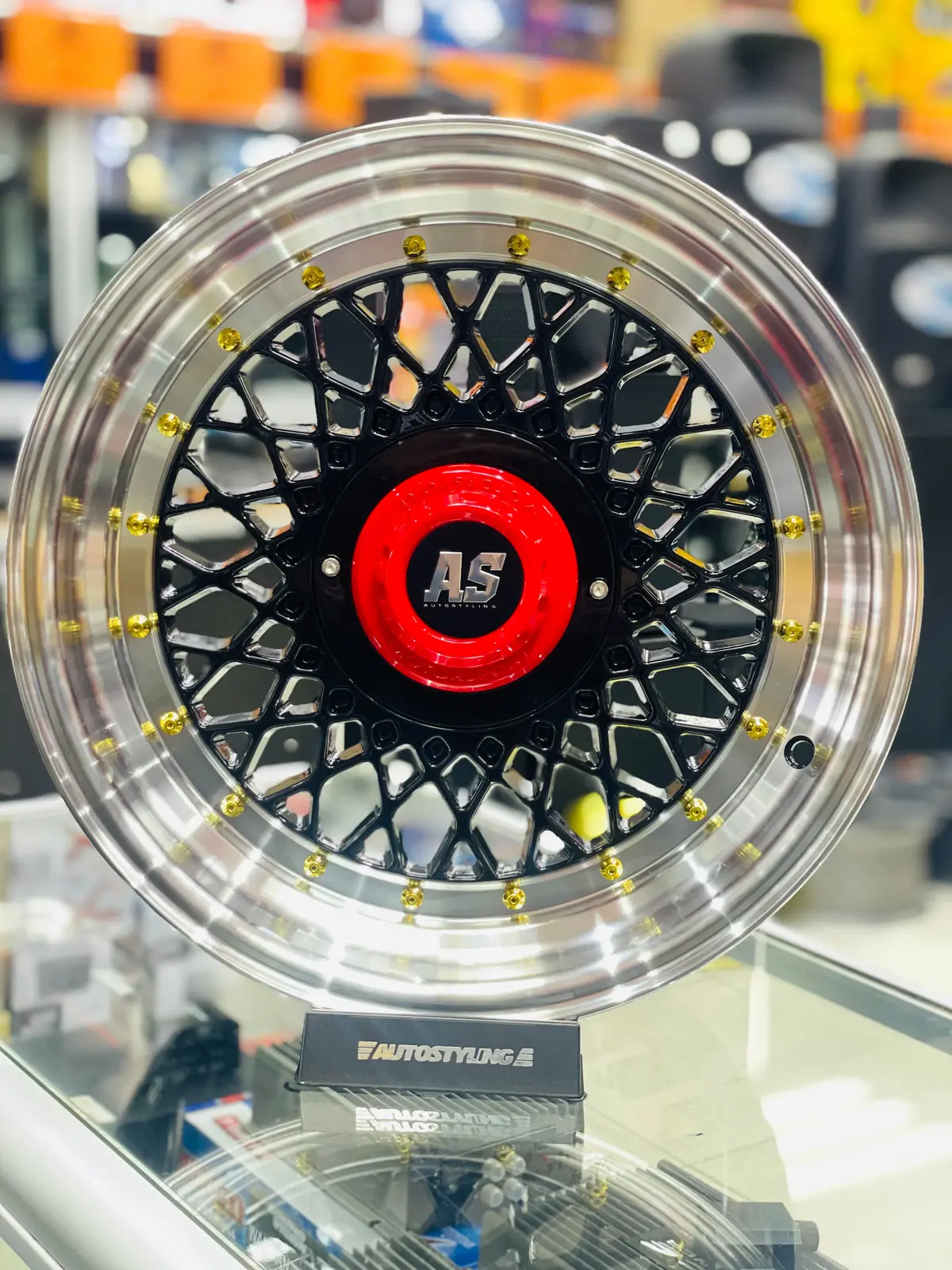 15” As- Motorsport Mesh 4/100 4/114 Black Red Cap 1