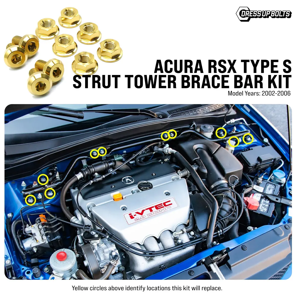 Dress Up Bolts Titanium Hardware Strut Tower Brace Bar Kit - Acura Rsx Type S (2002-2006) 1