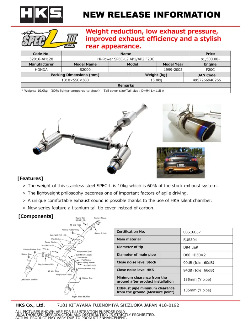 Hks Hi-Power Muffler Spec-L Ii - Ap2 F22c S2000 Honda 1