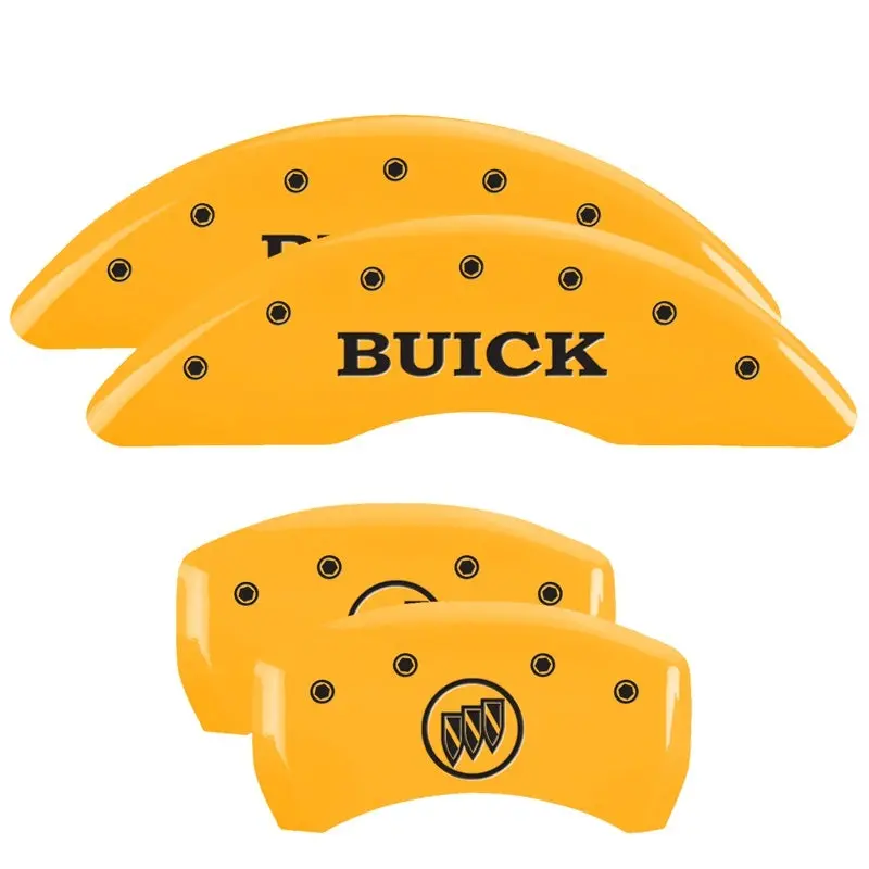 Mgp Engraved 4-Piston Caliper Covers – Front & Rear, Yellow Finish With Black Chrome Accents For 2018 Buick Enclave 1