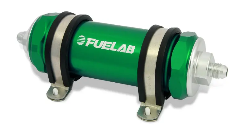 Fuelab 858 Inline Fuel Filter – -6An Inlet / -10An Outlet, 100-Micron Stainless Steel, Integrated Check Valve, Green Housing 1