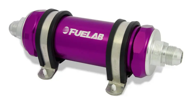 Fuelab 858 In-Line Fuel Filter Long -8An In/-10An Out 6 Micron Fiberglass W/Check Valve - Purple 1