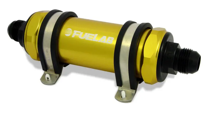 Fuelab 858 Stainless Steel In-Line Fuel Filter – Long Body, -12An In / -10An Out, 40 Micron With Integrated Check Valve (Gold Finish) 1
