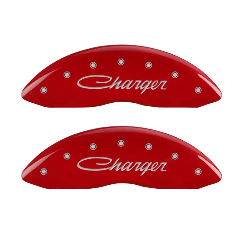 Mgp 4 Caliper Covers Engraved Front & Rear Cursive/Charger Red Finish Silver Ch 1