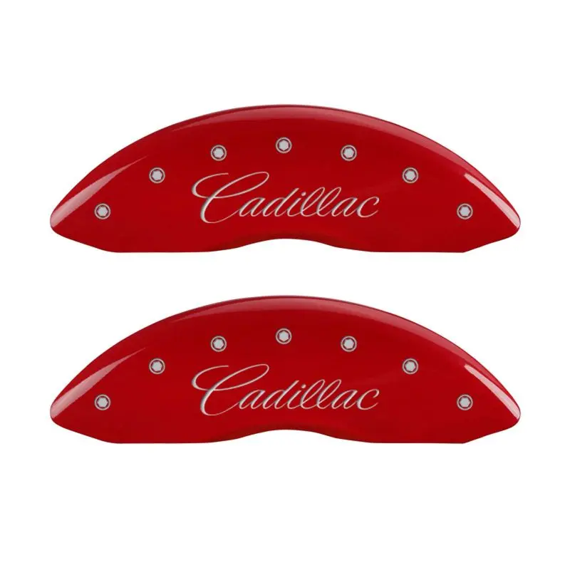 Mgp Engraved 4-Piston Caliper Covers – Front & Rear, Cadillac Red/Silver Cursive Design 1